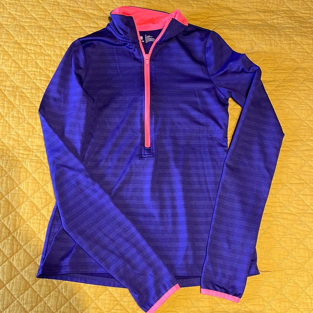 XS purple stripe athletic/thermal top with coral accents.